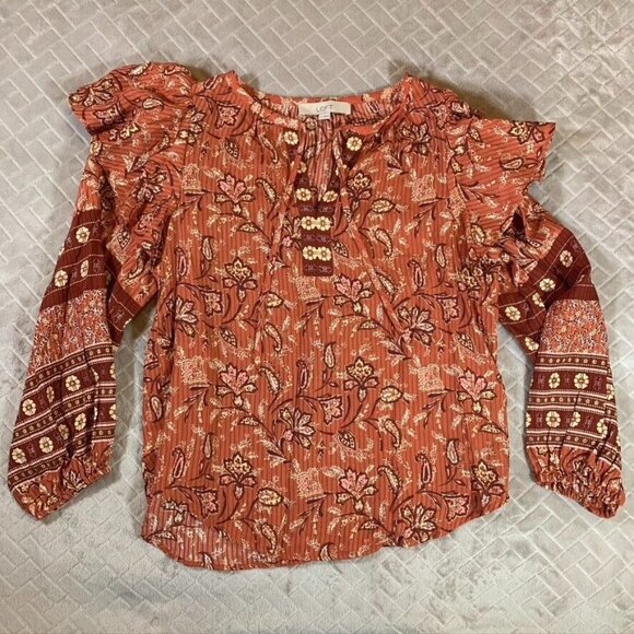Loft Womens Small Blouse Gauzy Long Ruffle Sleeve Floral Geometric Boho Festival - Picture 1 of 10